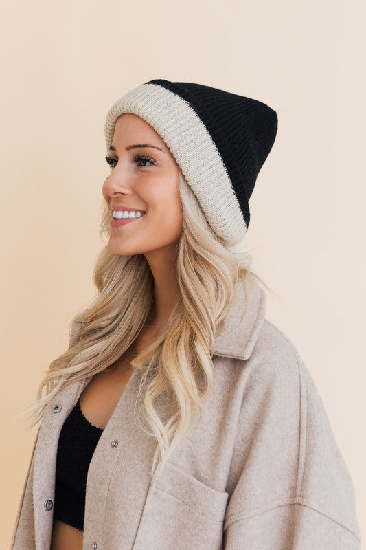 Stay Warm Two-tone Knit Beanie | Black/Ivory