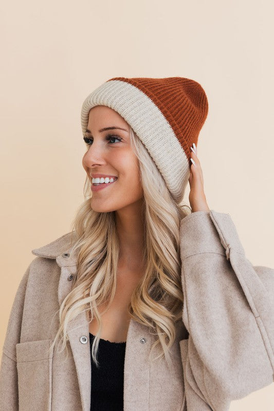 Stay Warm Two-tone Knit Beanie | Rust/Ivory