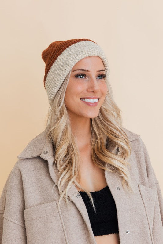 Stay Warm Two-tone Knit Beanie | Rust/Ivory
