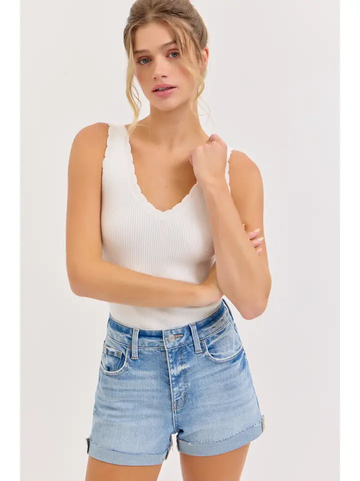 High Rise Denim Shorts with Cuff | Light Wash