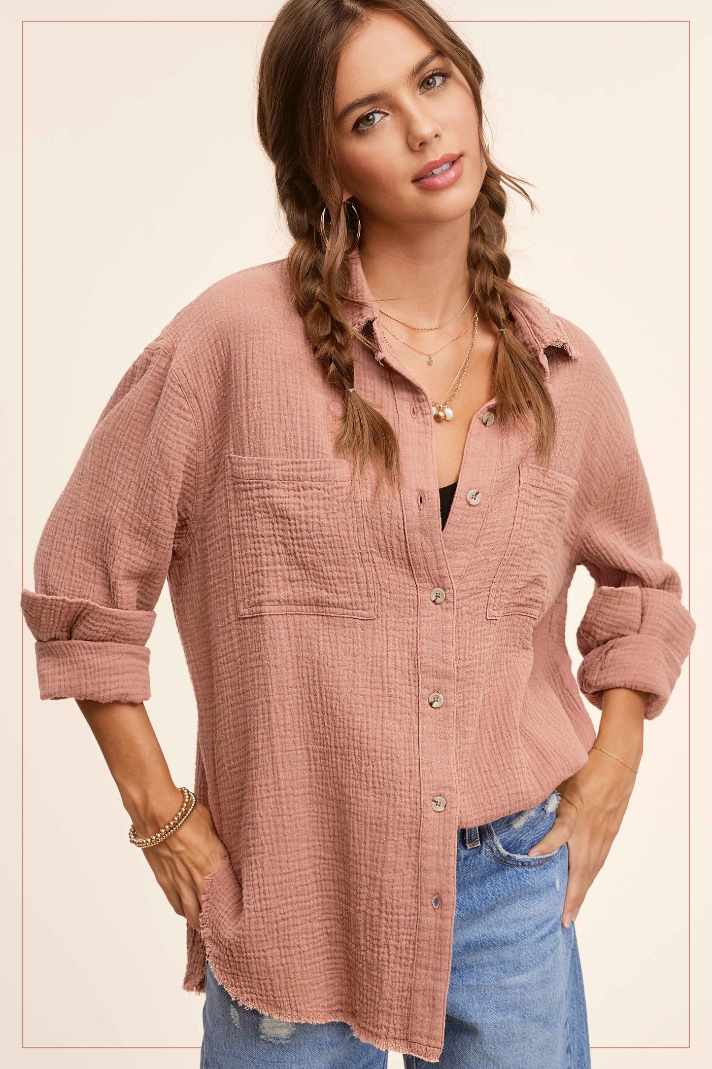 Audrie Soft Washed Crinkled Gauze Button Down Shirt | Salmon