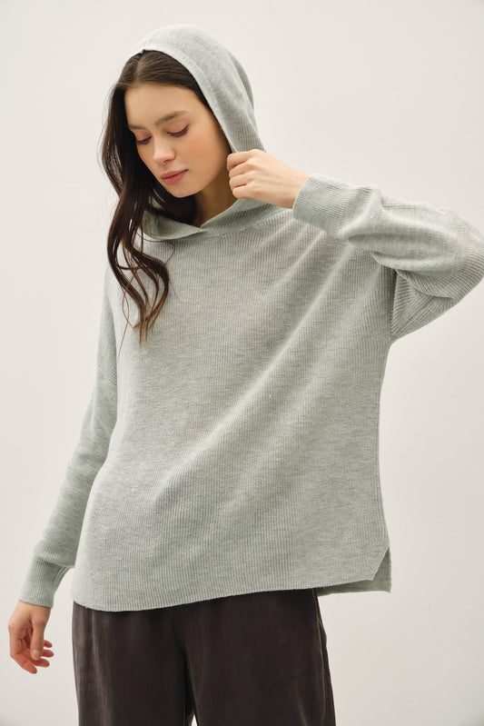 Keep A Secret Ribbed Knit Hoodie Sweater | Heather Grey