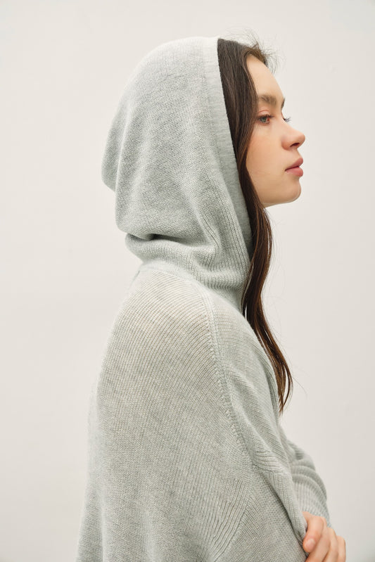 Keep A Secret Ribbed Knit Hoodie Sweater | Heather Grey