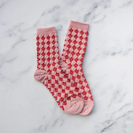 Winter Check Pattern Socks | Pink/Red