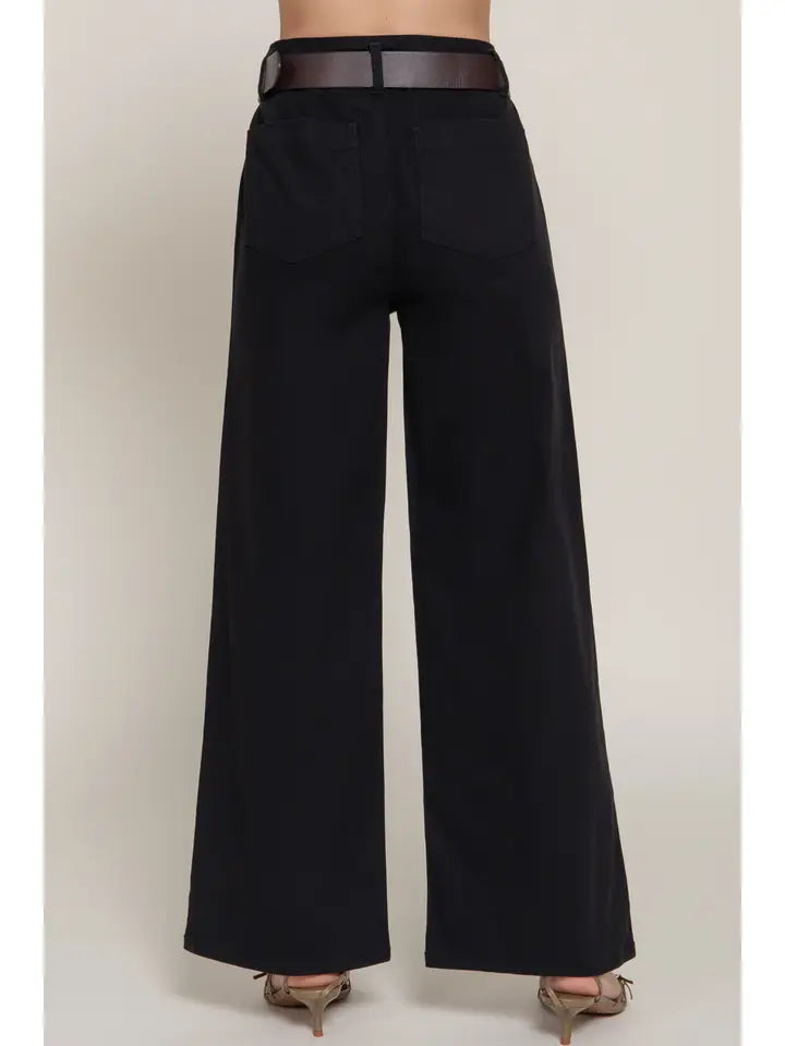 Belted Relaxed Leg Twill Stretch Pants | Black