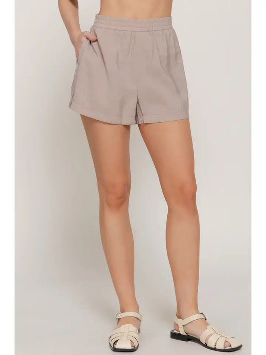 Fia Elastic Waist Side Button Detail Wash Effect Woven Shorts | Taupe
