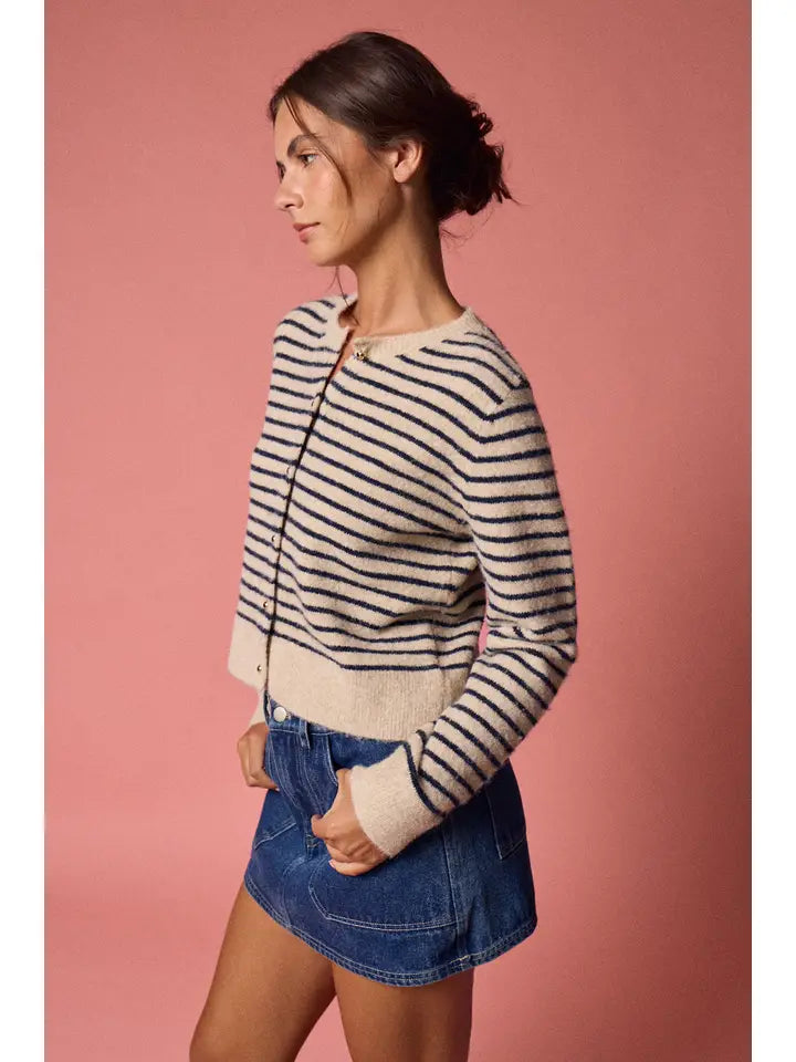 Shae Striped Button Front Cardigan | Taupe/Black