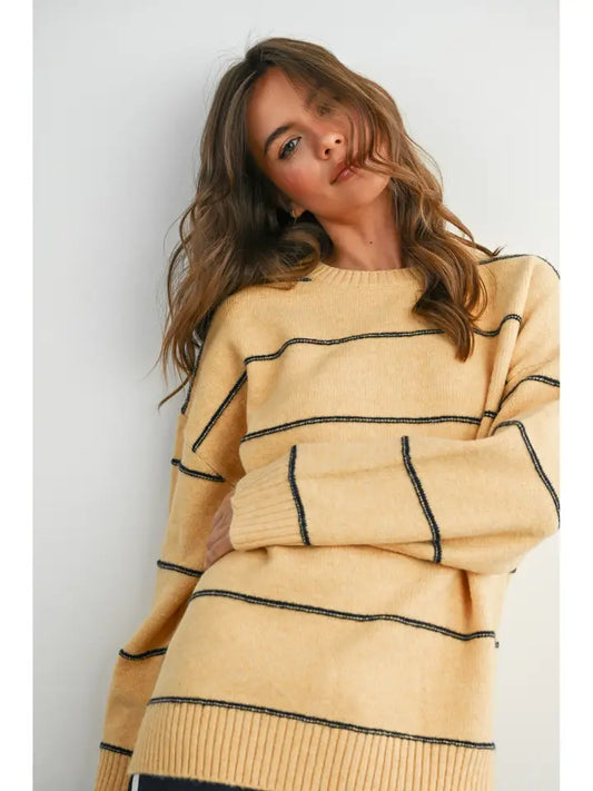Darla Striped Pattern Drip Shoulder Sweater | Marigold Multi
