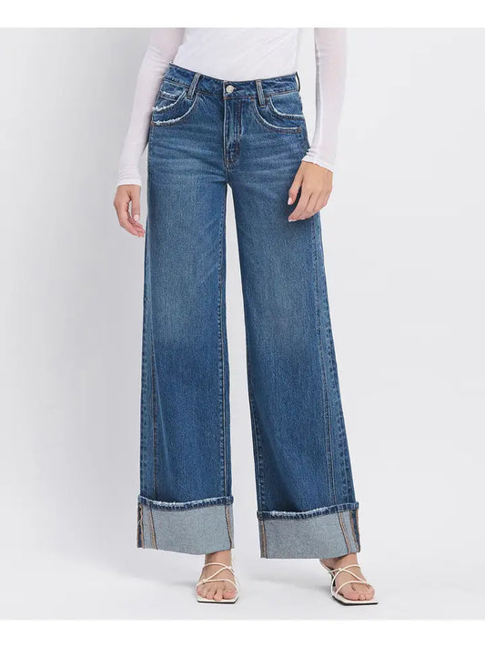 High Rise Cuffed Panel Baggy Wide Jeans