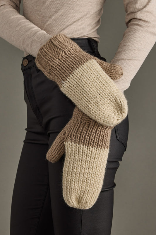 Color Block Knit Mittens | Beige & Taupe