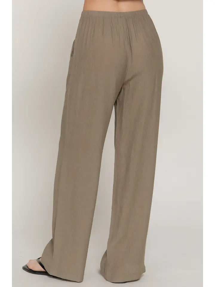 Cala Elastic Waistband Crinkle Woven Long Pants | Olive