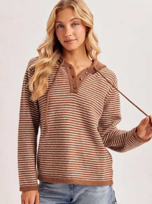 Henley Sweater With Hoodie | Mocha/Cream