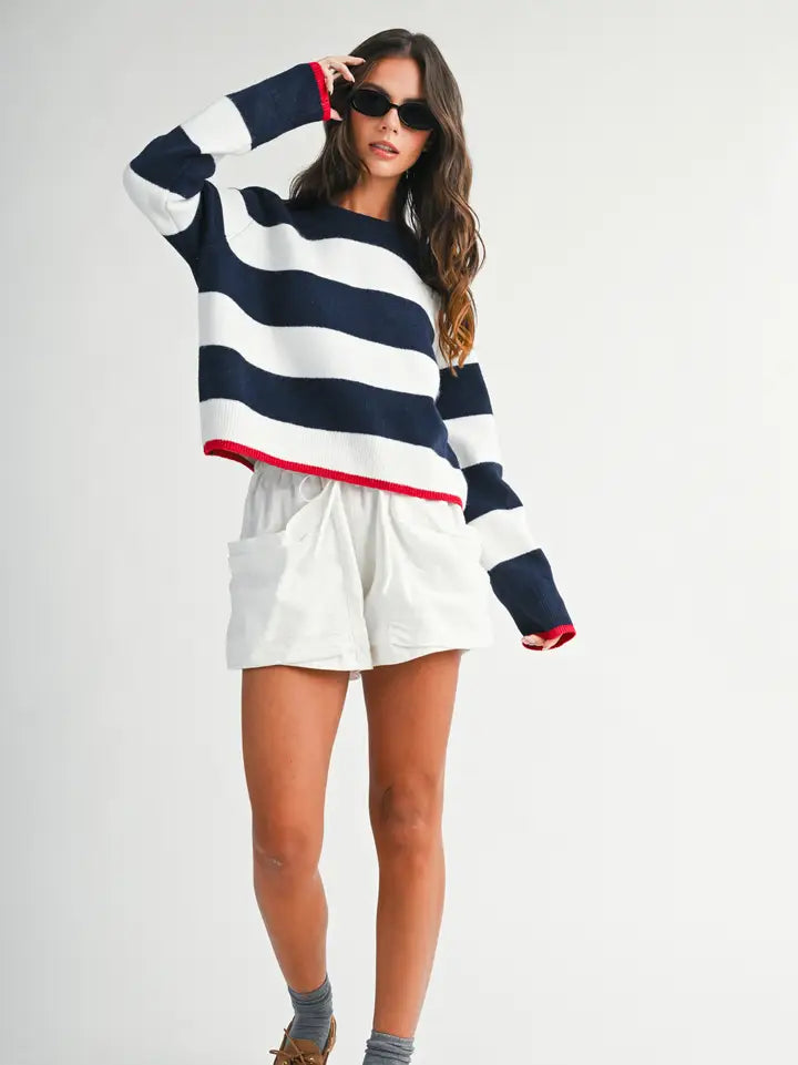 Lana Coastal Stripe Crewneck Sweater | Navy