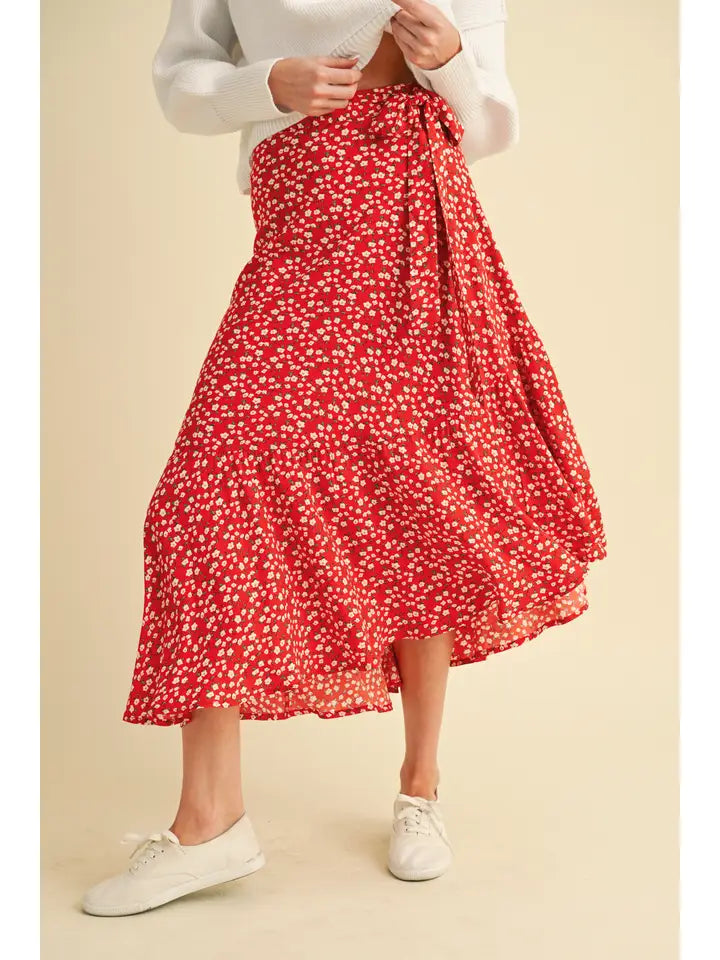 Berti Floral Wrap Skirt | Red