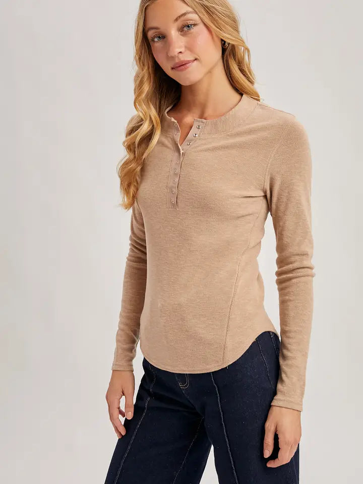 Haven Henley Snap Button Front Hem Knit Top | Latte