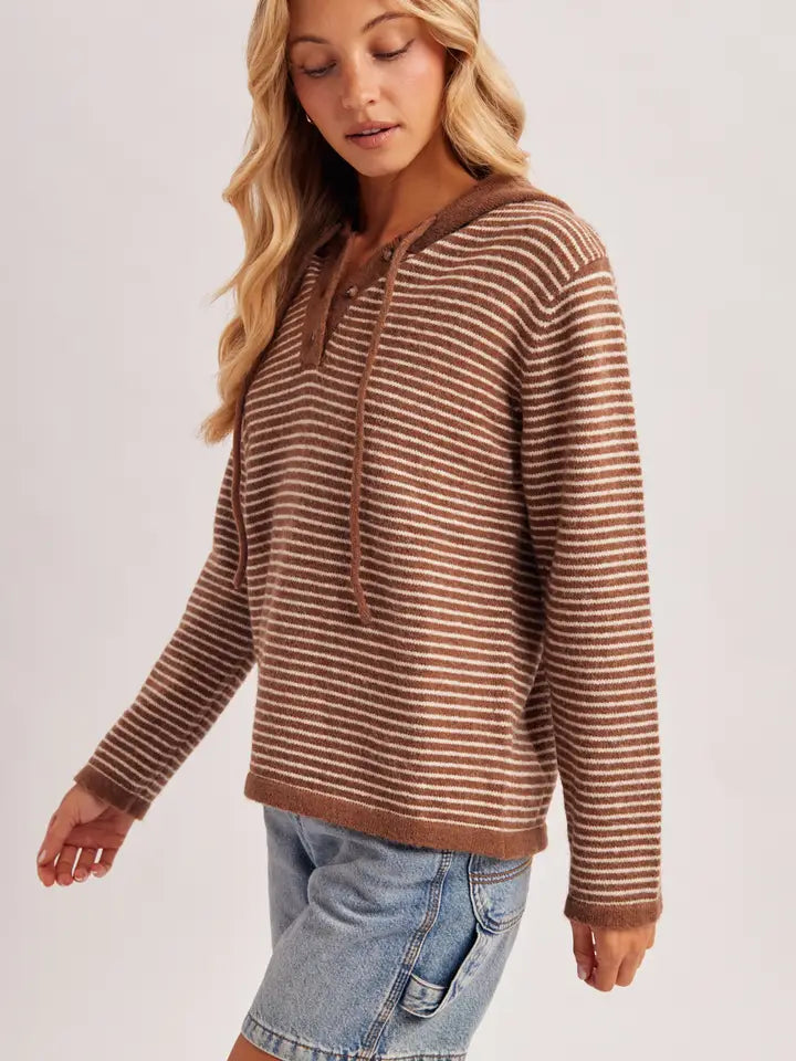 Henley Sweater With Hoodie | Mocha/Cream