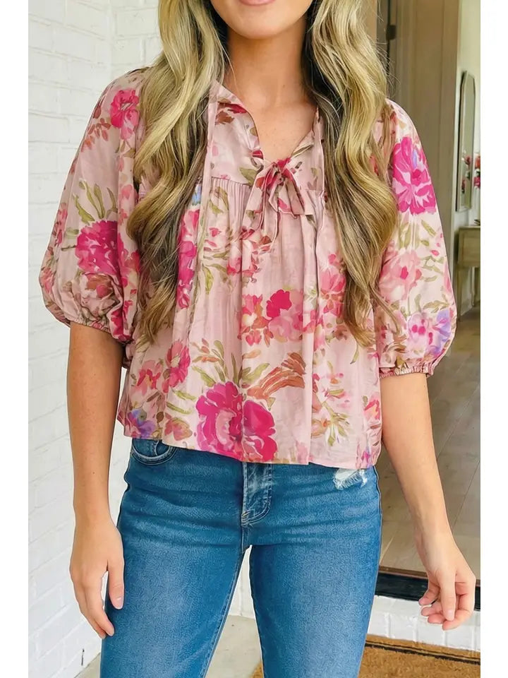 Maeve Floral Print Tie Neck Puffy Blouse | Pink