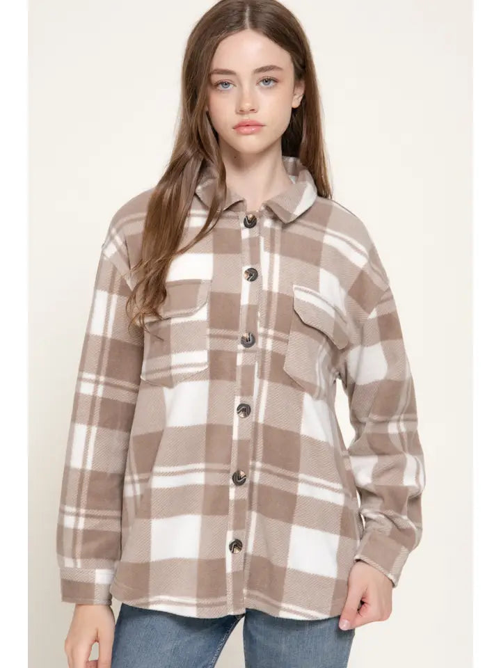 Hazel Long Sleeve Check Printed Fleece Shacket | Ivory