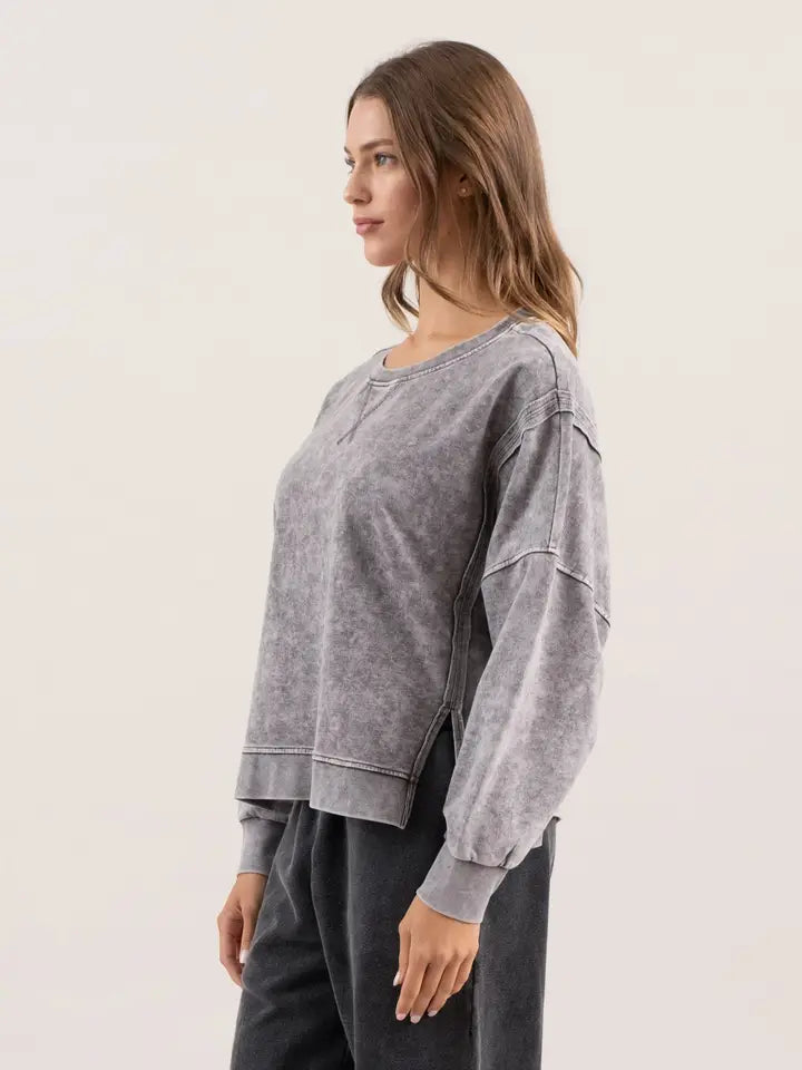 Washed Extended Shoulder Knit Top | Charcoal