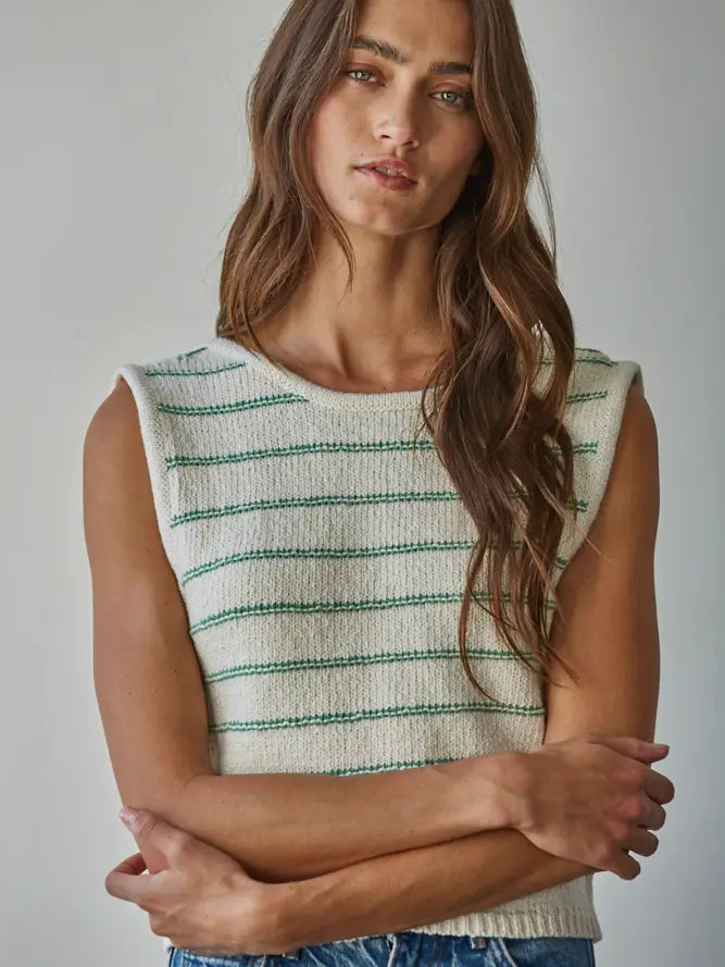 Bri Knit Striped Sweater Tank With Open Back Tie Straps | Cream/Green