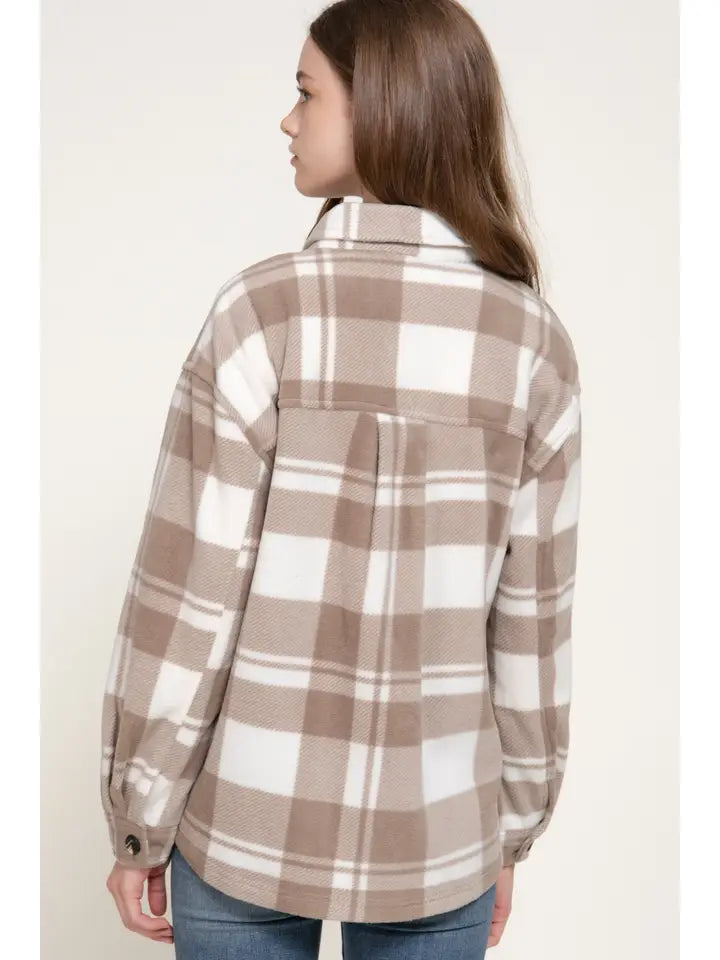 Hazel Long Sleeve Check Printed Fleece Shacket | Ivory