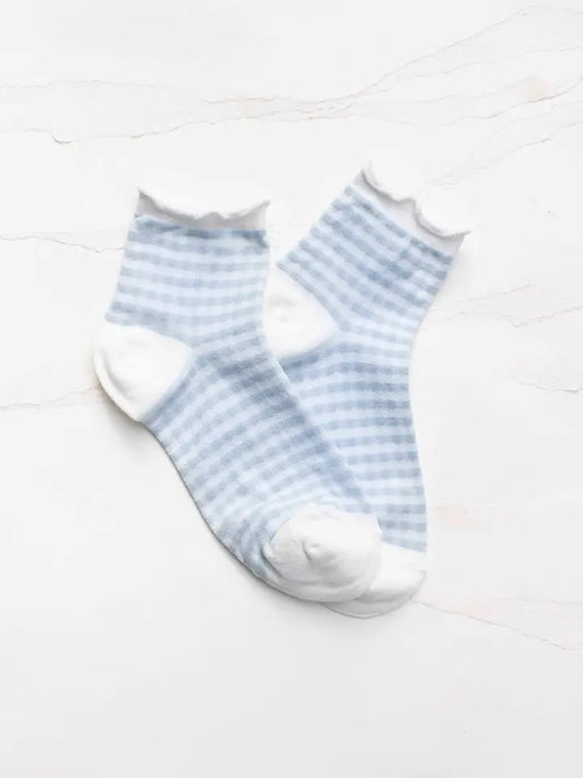 Pastel Gingham Ruffle Ankle Socks | Blue