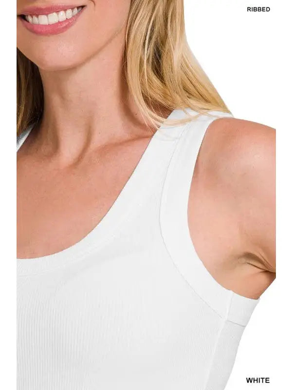 Ribbed Scoop Neck Tank Top | White