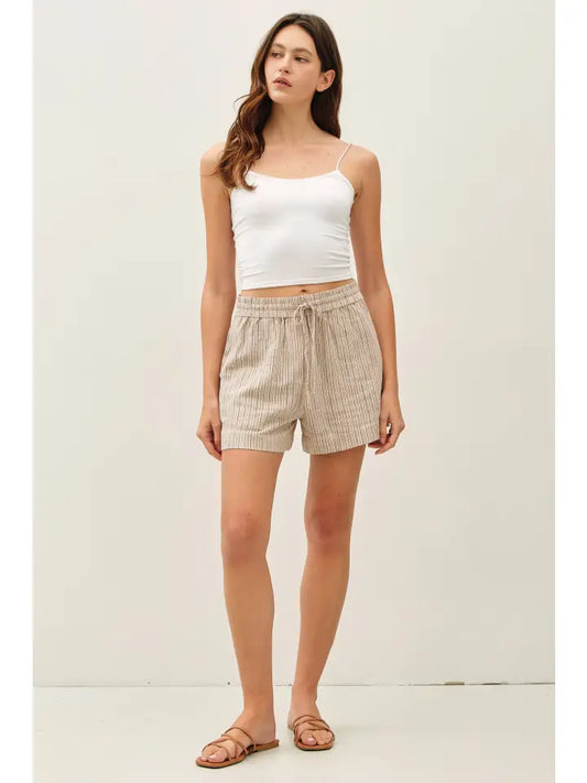 Linen Blend Striped Pull On Shorts | Brown