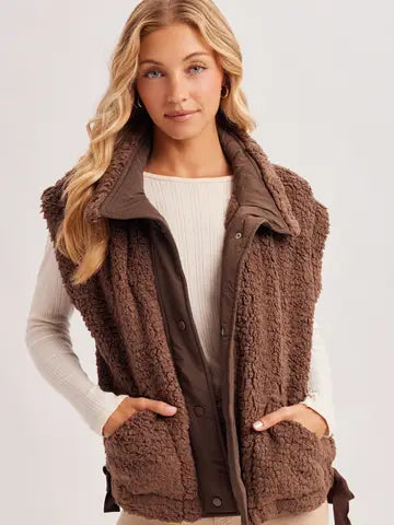 Cara Button Down Mock Neck Fleece Sherpa Vest | Coco