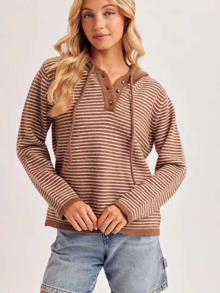 Henley Sweater With Hoodie | Mocha/Cream