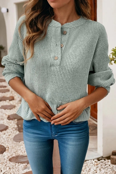 Holly Ribbed Dropped Shoulder Henley Top | Aqua