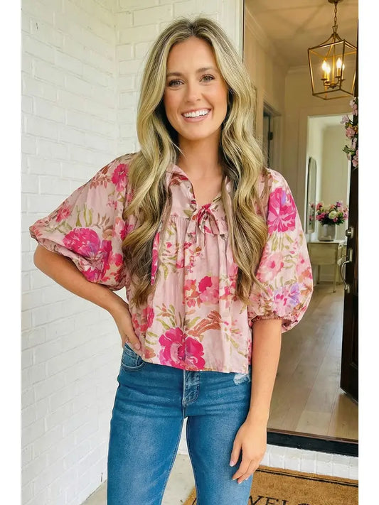 Maeve Floral Print Tie Neck Puffy Blouse | Pink