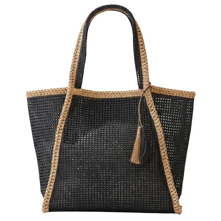 Two-Tone Woven Straw Tote Bag | Black