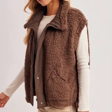 Cara Button Down Mock Neck Fleece Sherpa Vest | Coco