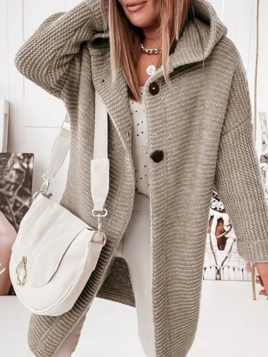 Button Down Hooded Knit Long Cardigan Coat | Khaki
