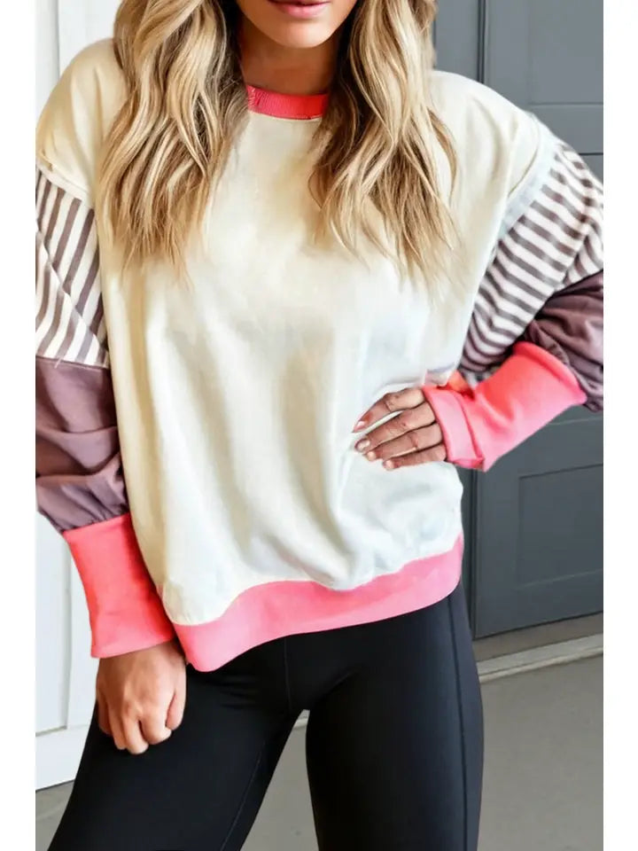 Liv Color Block Striped Patchwork Slit Sweatshirt | Beige