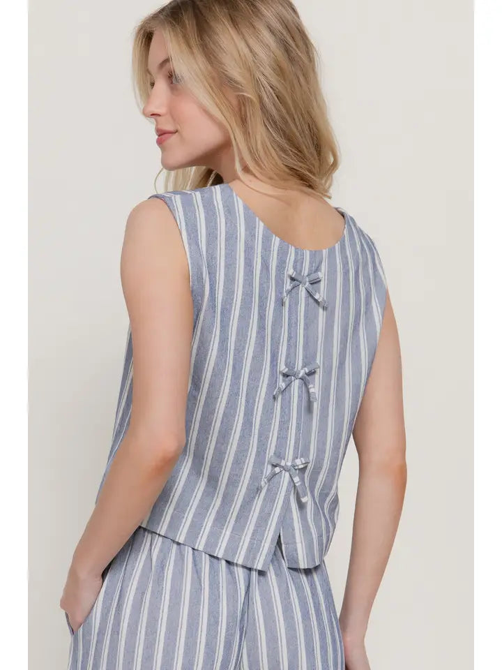 Nancy Sleeveless Striped Knit Top with Back Bow Detail | Blue/Off White