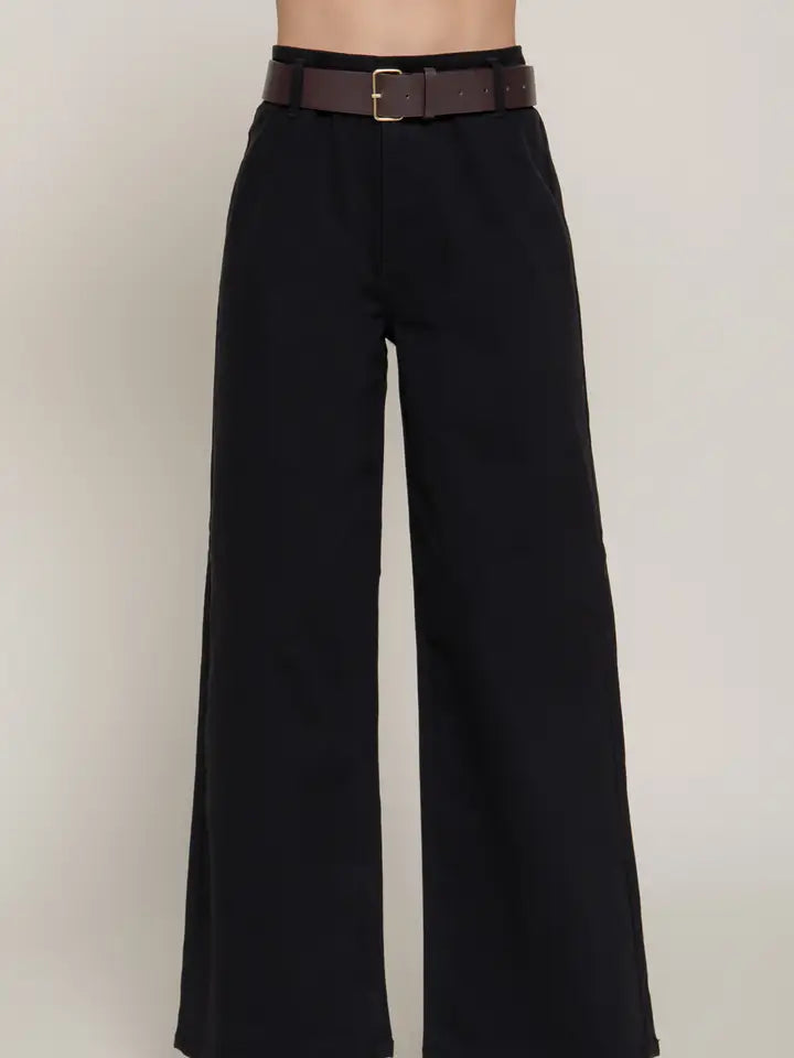 Belted Relaxed Leg Twill Stretch Pants | Black