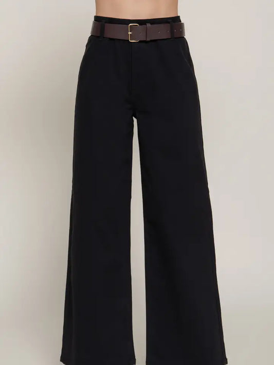 Belted Relaxed Leg Twill Stretch Pants | Black