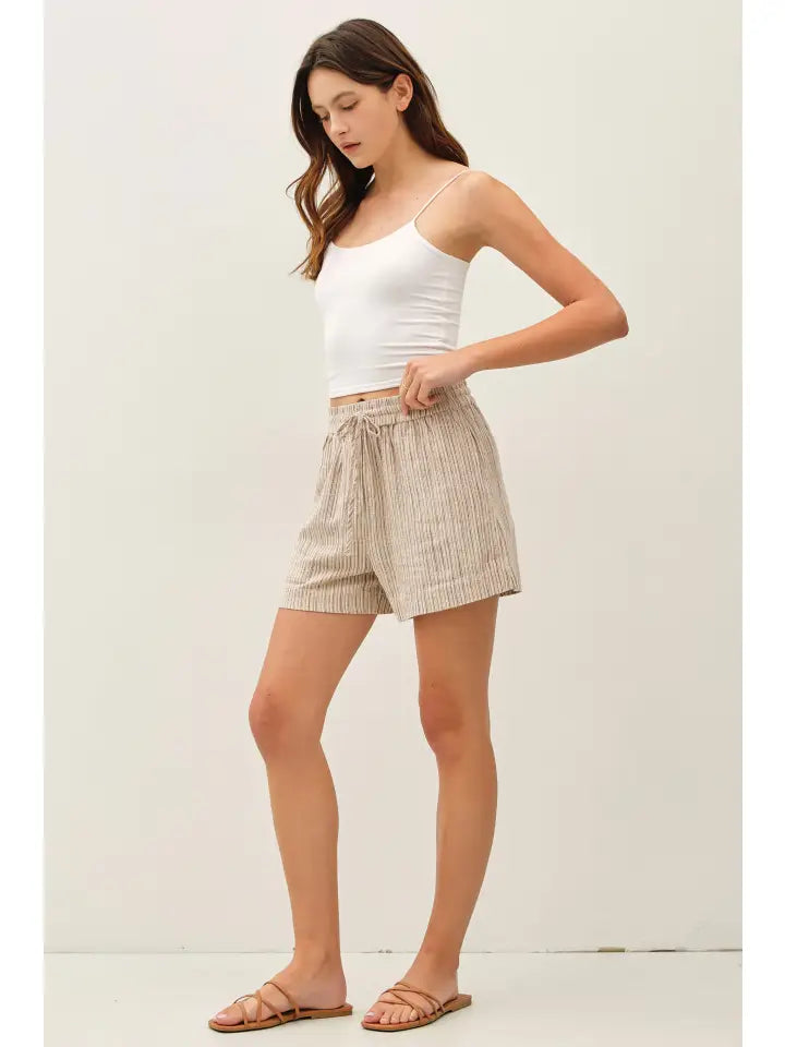 Linen Blend Striped Pull On Shorts | Brown