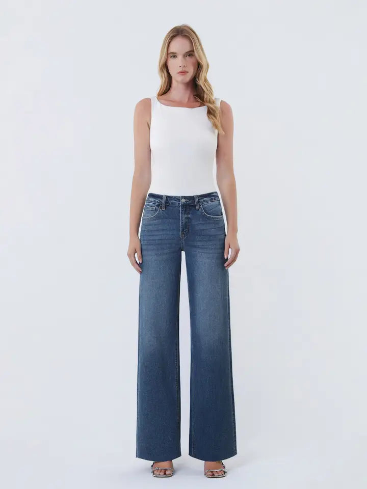 Annie High Rise Clean Cut Raw Hem Wide Leg Jeans |Dark Wash