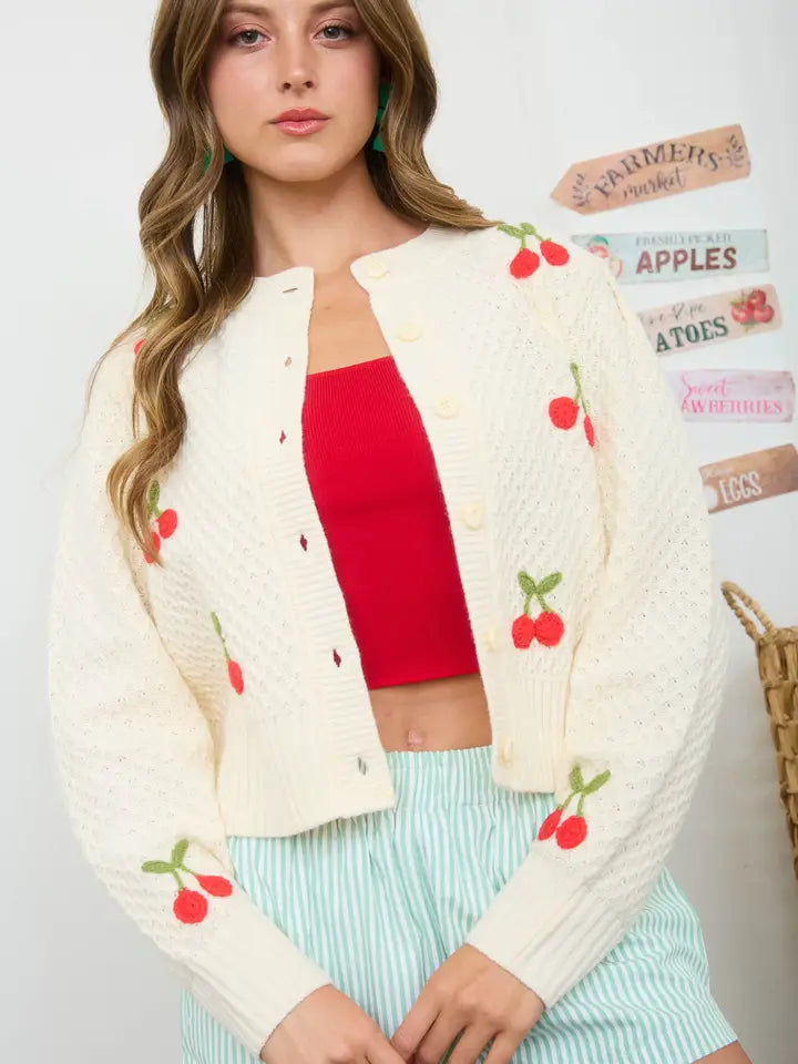 Crochet Cherry Detail Button Down Knit Cardigan | Cream
