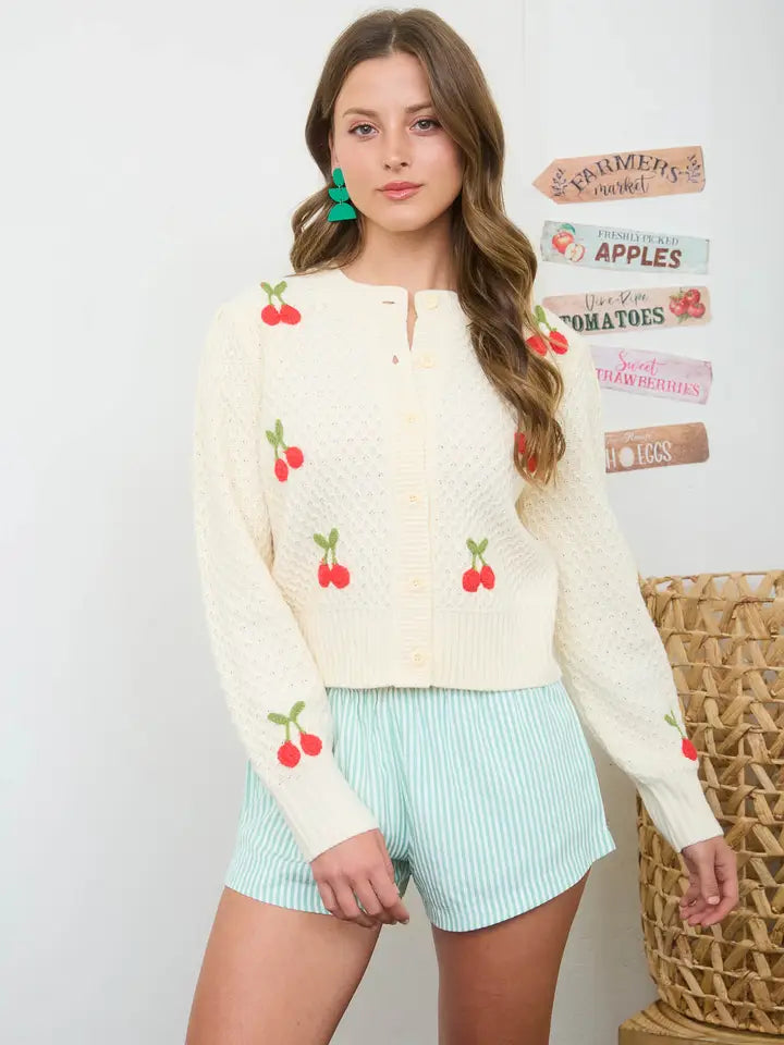 Crochet Cherry Detail Button Down Knit Cardigan | Cream