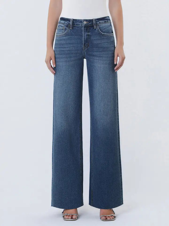 Annie High Rise Clean Cut Raw Hem Wide Leg Jeans |Dark Wash