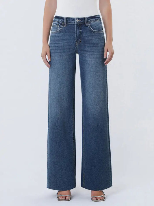 Annie High Rise Clean Cut Raw Hem Wide Leg Jeans |Dark Wash