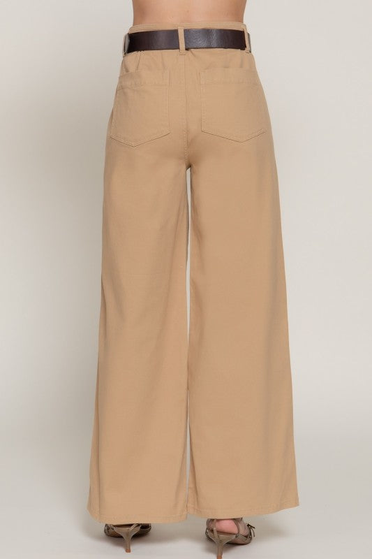 Belted Relaxed Leg Twill Stretch Pants | Khaki