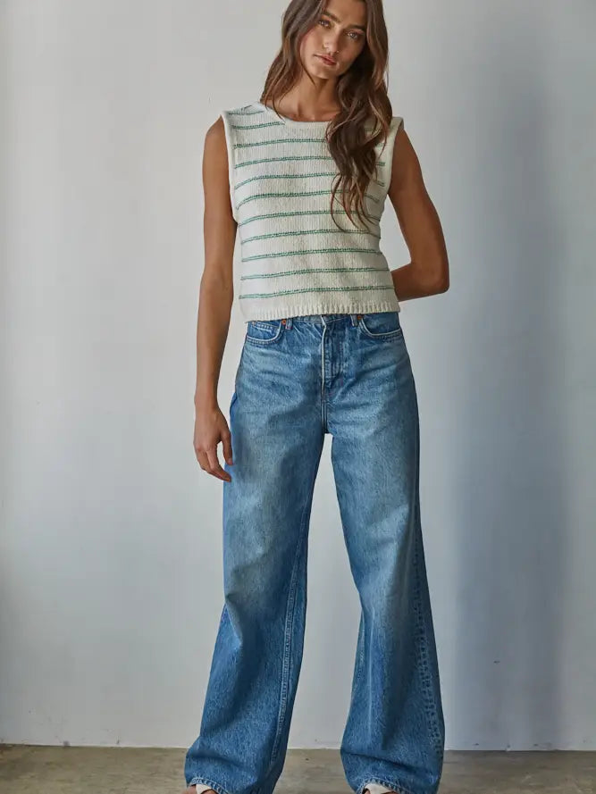 Bri Knit Striped Sweater Tank With Open Back Tie Straps | Cream/Green
