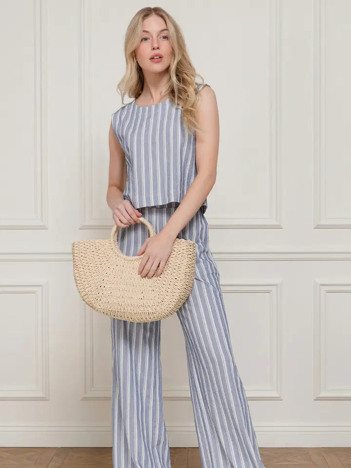 Nancy Sleeveless Striped Knit Top with Back Bow Detail | Blue/Off White