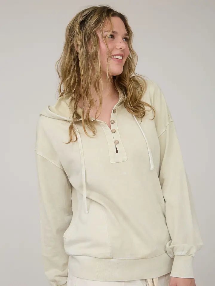 Washed Hooded Henley Knit Sweater | Oatmeal