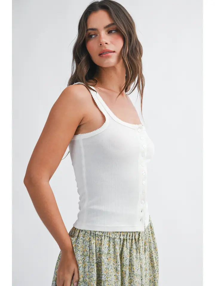 Pointelle Button Front Cami Tank | White